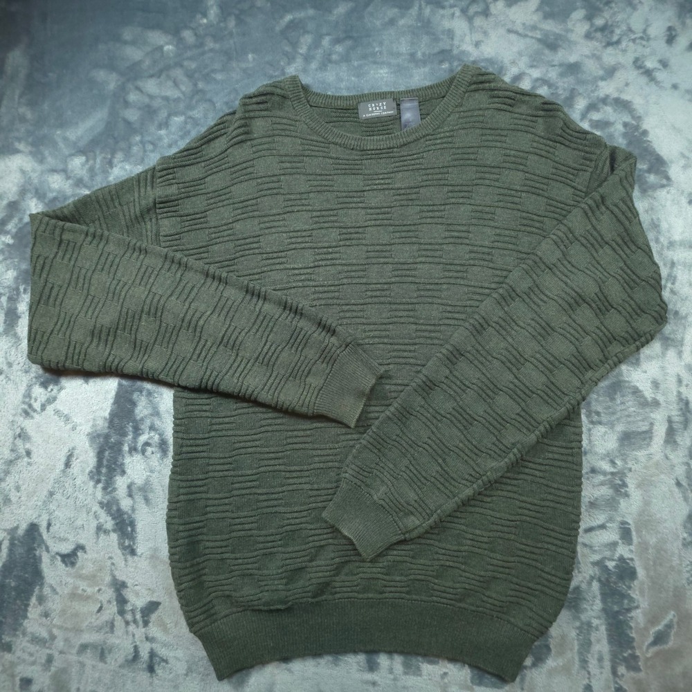 Crazy Horse Olive Green Textured Knit Crew Neck Sweater Small